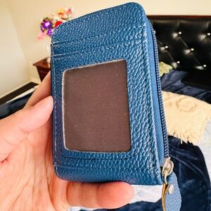 Slim Blue Leather Card Holder with ID Window